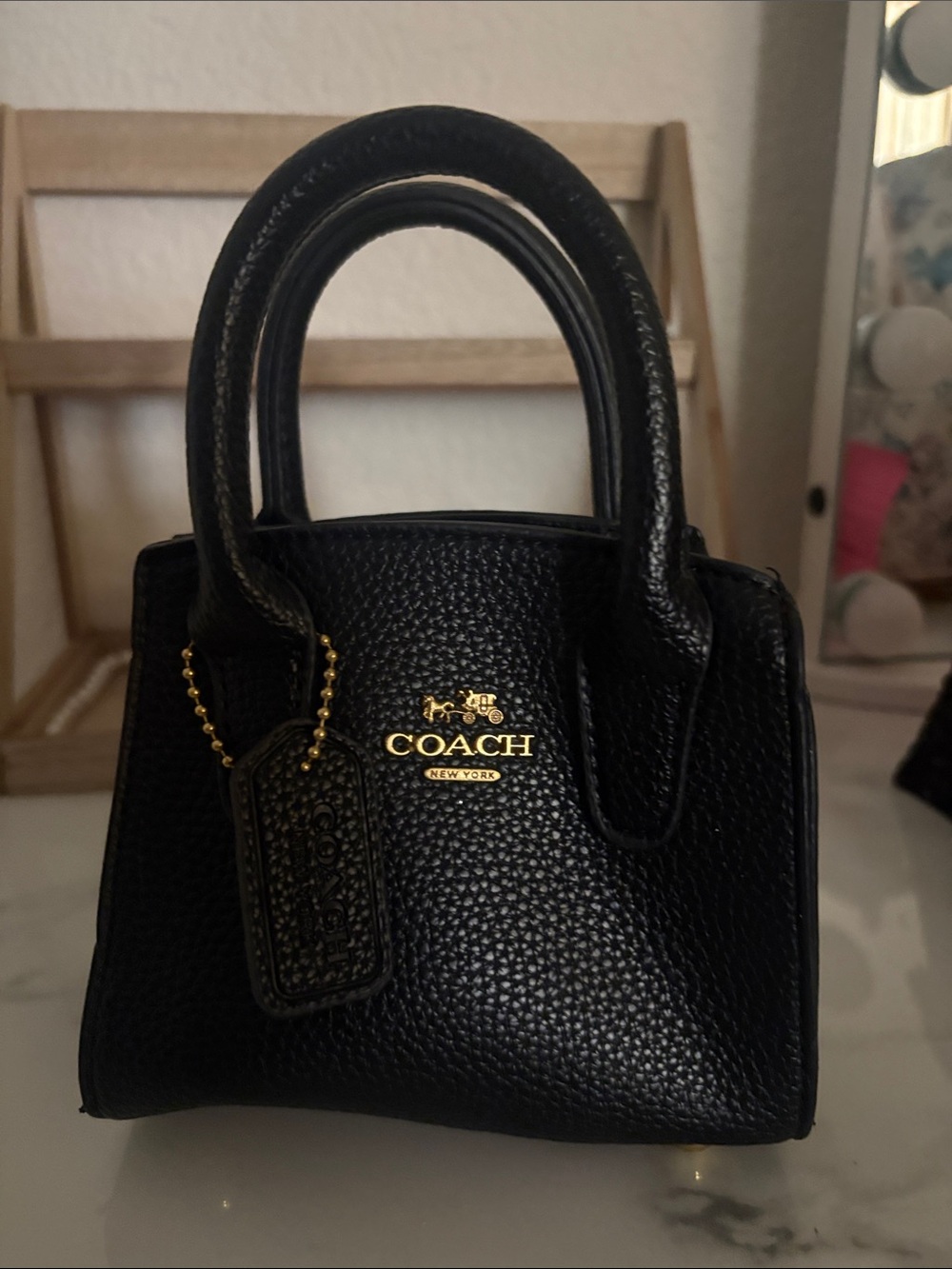 COACH Black Pebbled Leather Mini Tote with Gold Logo